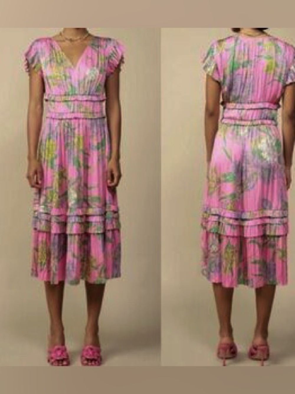 Anthropologie Current Air Los Angeles Sereia Botanical Motif Pleated Midi Dress